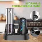 Electric Salt and Pepper Grinder Set, Rechargeable Salt and Pepper Shaker with LED light and Charging Base, Automatic Salt Pepper Mill Grinders with 6 Adjustable Coarseness, One-Hand Operation