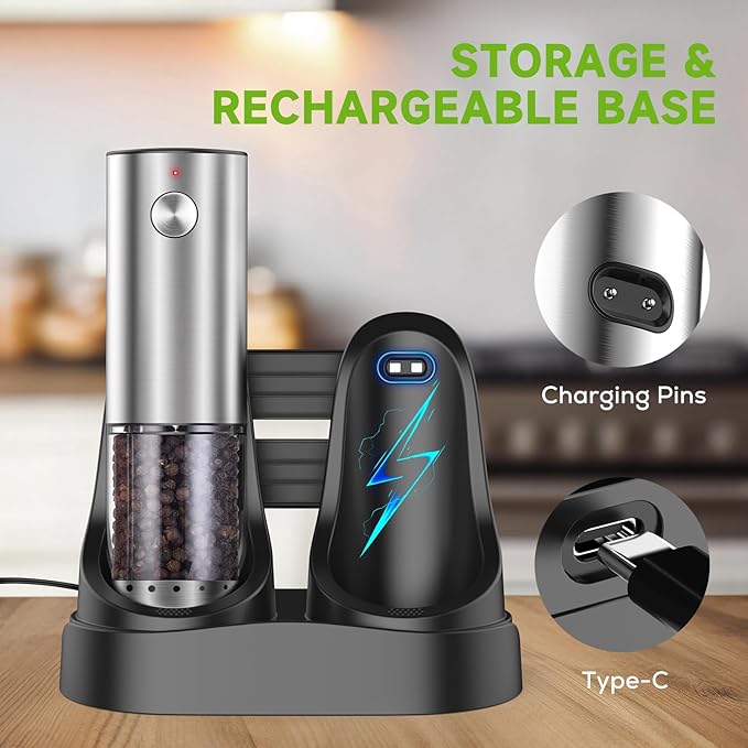 Electric Salt and Pepper Grinder Set, Rechargeable Salt and Pepper Shaker with LED light and Charging Base, Automatic Salt Pepper Mill Grinders with 6 Adjustable Coarseness, One-Hand Operation