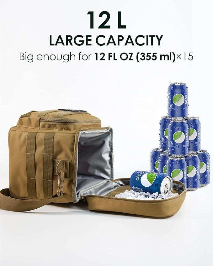 TACTICISM Lunch Box for Men - 12L/20L/25L Tactical Lunch Bag Adult - MOLLE Insulated Leakproof Lunch Pail with Detachable Water Bottle Pouch - Lunch Cooler for Work and Outdoors, Brown
