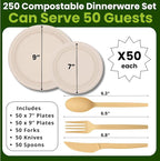 250 Piece Biodegradable Paper Plates Set – Sturdy Compostable Dinnerware with 7” & 9” Plates, Forks, Knives & Spoons – Eco-Friendly Disposable Party Supplies