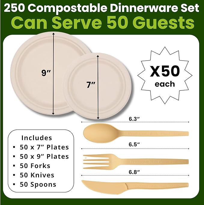 250 Piece Biodegradable Paper Plates Set – Sturdy Compostable Dinnerware with 7” & 9” Plates, Forks, Knives & Spoons – Eco-Friendly Disposable Party Supplies