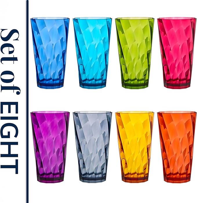 US Acrylic Optix Plastic Reusable Drinking Glasses (Set of 8) 20oz Water Cups in Jewel Tone Colors | BPA-Free Tumblers, Made in USA | Top-Rack Dishwasher Safe