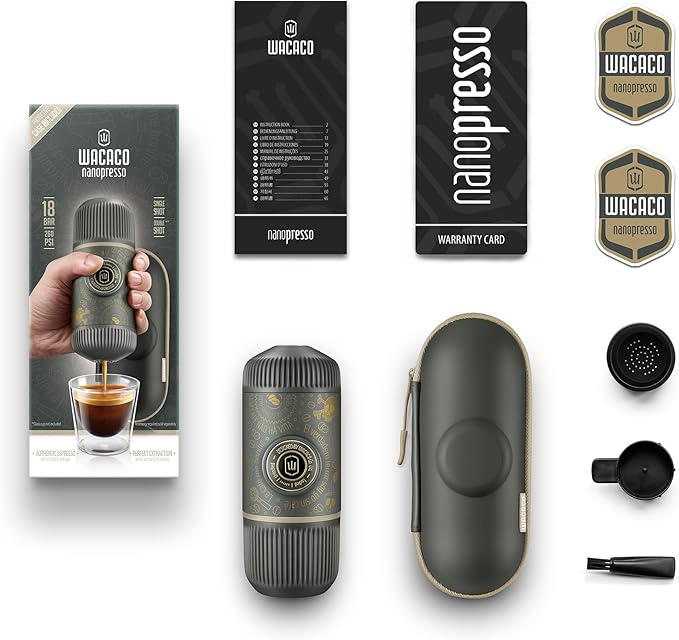 WACACO Nanopresso Portable Espresso Maker Bundled with Protective Case, 18 Bar Pressure, Portable Travel Coffee Maker, Manually Operated（Dark Soul Grey