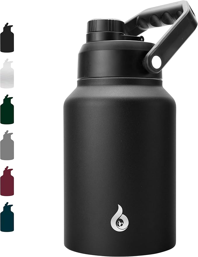 BJPKPK 64 oz Insulated Water Bottle, Dishwasher Safe Half Gallon Water Bottle with Ergonomic Handle, BPA Free Leak Proof Water Jug for Sports, Metal Thermos with Anti-slip Bottom, Black