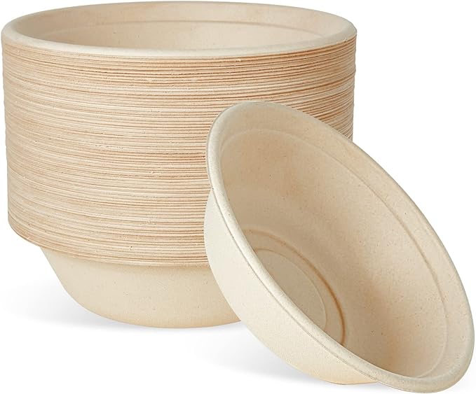 ECOLipak 32 OZ Large Compostable Disposable Paper Bowls, 70 Pack Biodegradable Bagasse Eco-Friendly Sugarcane Soup Bowls for Salad Wheat Flakes(Nature)