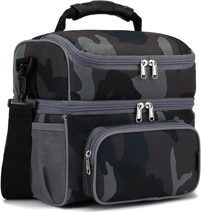 FlowFly Double Layer Cooler Insulated Lunch Bag Adult Lunch Box Large Tote Bag for Men, Women, With Adjustable Strap,Front Pocket and Dual Large Mesh Side Pockets