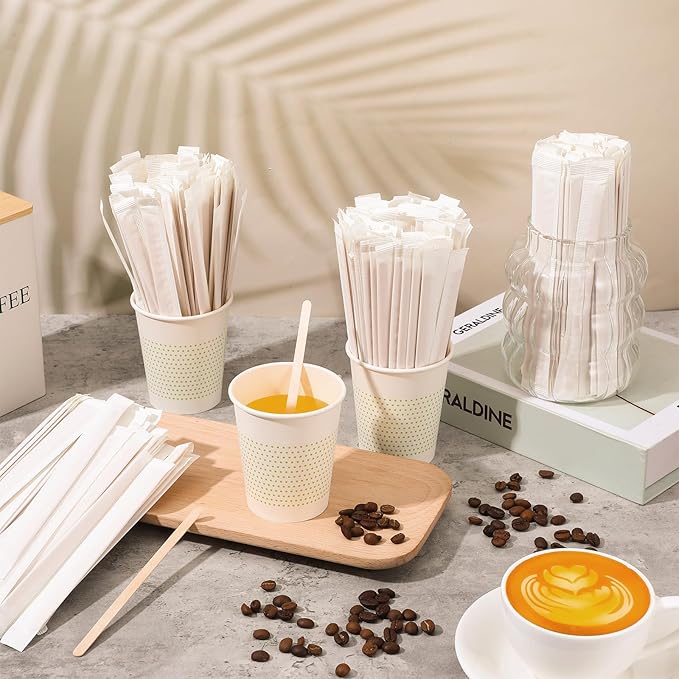 2000 Pcs Individually Wrapped Wooden Coffee Stirrers, Disposable Coffee Stir Sticks Round End Sticks Bulk Wood Stirrers for Cocktail Hot Drinks Restaurant Bar Home Office