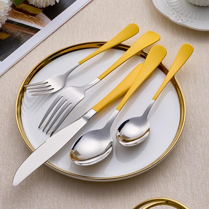 20-Piece Yellow Silverware Set 18/0 Stainless Steel Silverware Set Yellow Handle Cutlery Set Service for 4 Dinner Knives Forks Spoons Set Flatware Set Finish Dishwasher Safe
