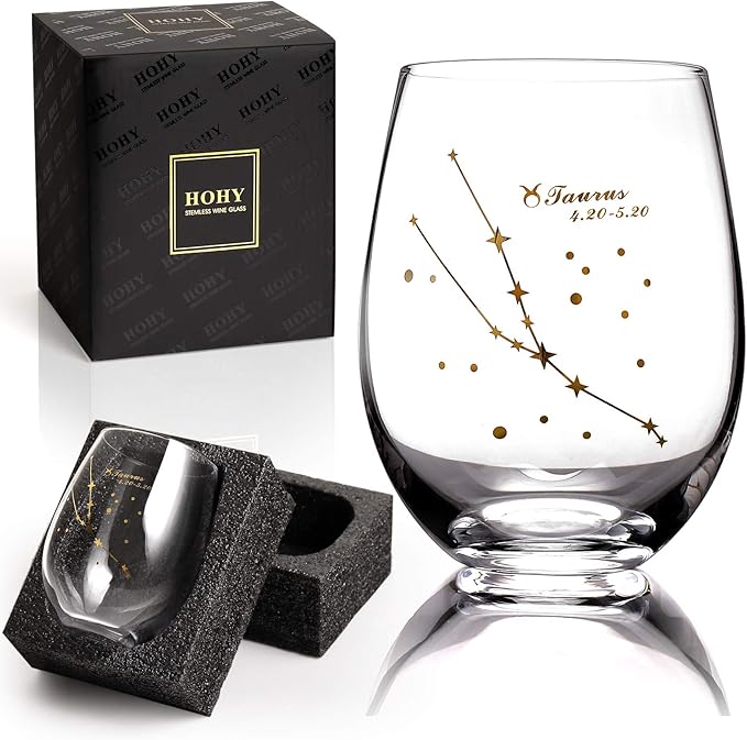 Taurus Stemless Wine Glass 20 Oz - Zodiac Birthday Gifts for Women Men, Golden Cup, Constellation Tumbler, Astrology Gift