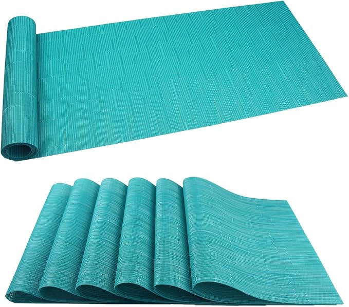 PIGCHCY Elegant Placemats and Table Runner, Durable Cleaning Set (6 Placemats + 1 Table Runner, Turquoise)