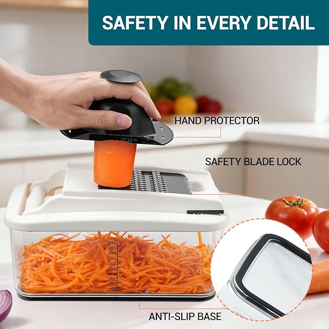 Sopito Vegetable Chopper Heavy-Duty Mandoline Slicer for Kitchen - Multifunctional Onion Potato Food Veggie Fruit Slicer and Cutter with 6 Blades & Container for Onion, Veggies, and Food Preparation