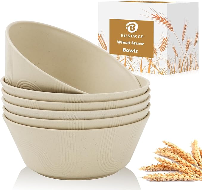 36 oz Wheat Straw Bowl Sets of 6, Alternative for Plastic Bowls Reusable Unbreakable Cereal Bowl for Popcorn, Salad, Soup, Microwave and Dishwasher Safe Serving Bowls for Kitchen (Beige)