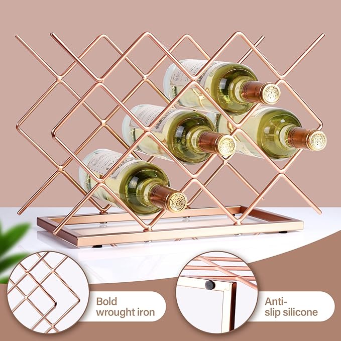 Countertop Wine Rack - 10 Bottle Freestanding Modern Rose Gold Metal Small Wine Rack - Tabletop Wine Holder Stand for Cabinet, Pantry, Wine Bottle Storage…