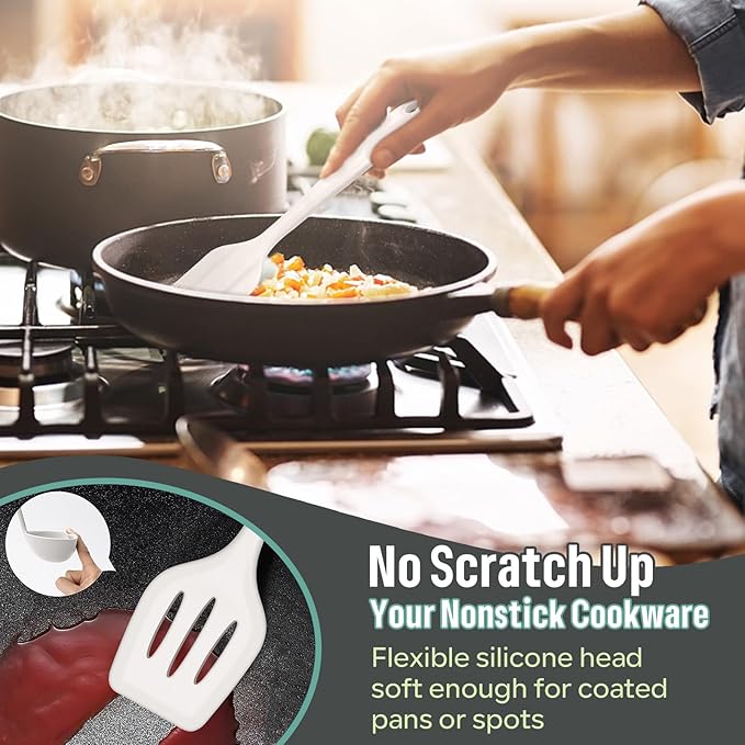 E-far Silicone Cooking Utensils Set, 7-Piece White Heat Resistant Kitchen Utensils Set, Kitchen Nonstick Tools Spatula Ladle Spoon Pasta Server for Non-stick Cookware, Non-Toxic & Dishwasher safe