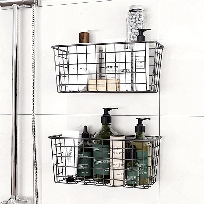 Adhesive Basket Wall Wire Basket Over the Cabinet Door Organizer No Drilling Mounted 4 Pack, Black