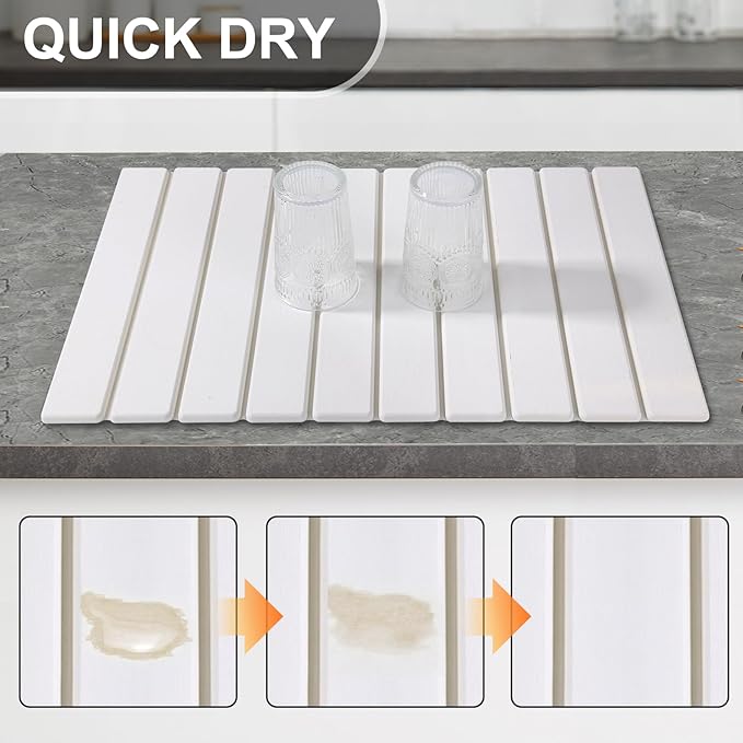 Large Stone Dish Drying Mat for Kitchen Counter – Foldable, Quick Dry, Ultra Absorbent Diatomaceous Earth Mat for Dishes, Bottles, Cups, Countertops & Bathroom, 24"×16" (White)