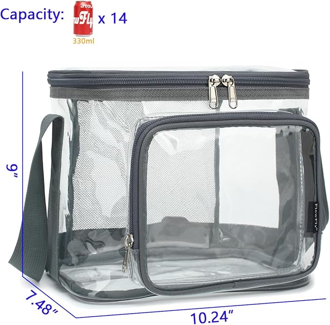 FlowFly Insulated Reusable Lunch Bag Adult Large Lunch Box for Women and Men with Adjustable Shoulder Strap,Front Zipper Pocket and Dual Large Mesh Side Pockets,Clear#Grey