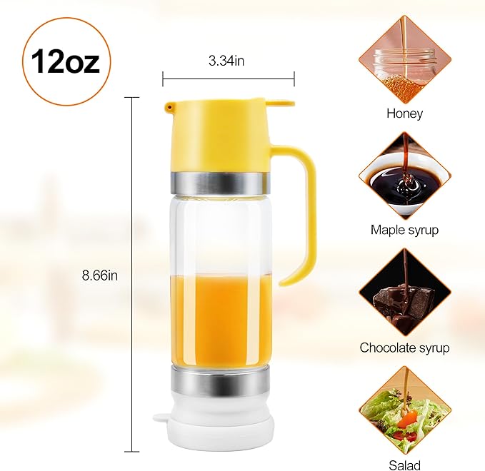 Glass Honey Dispenser No Drip with Stand, 12 OZ Honey Pot Jar with Handle, Syrup Dispenser for Coffee or Tea, Yellow