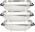 3 PackPremium Quality Over The Sink Stainless Steel Oval Colander with Fine Mesh 6 Quart Strainer Basket & Expandable Rubber Grip Handles - Strain, Drain, Rinse Fruits, Vegetables