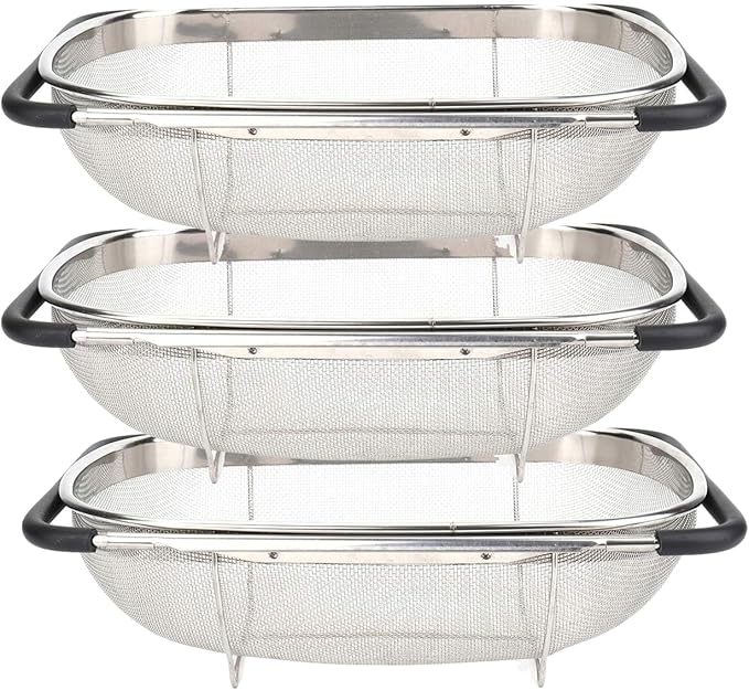 3 PackPremium Quality Over The Sink Stainless Steel Oval Colander with Fine Mesh 6 Quart Strainer Basket & Expandable Rubber Grip Handles - Strain, Drain, Rinse Fruits, Vegetables