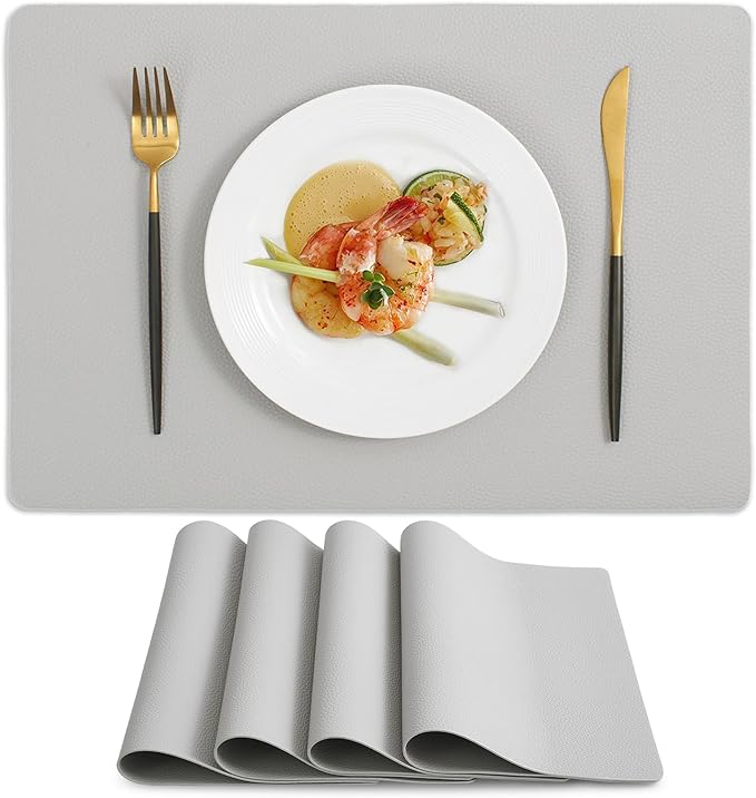 MOSAYT Vinyl Placemats Set of 4, Heat Resistant Place Mats 100% Waterproof Washable & Wipeable Faux Leather Reversible Table Mats for Kitchen Dining Party Indoor Outdoor, 12" x 17", Light Grey
