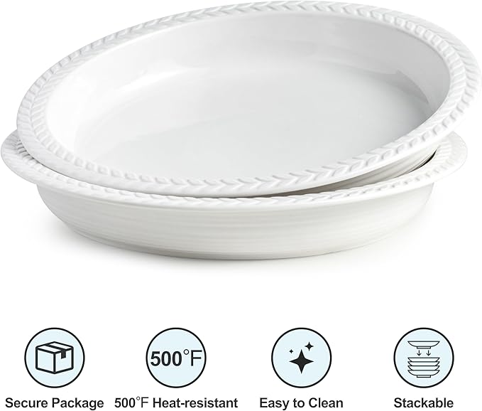 Ceramic Pie Pan Set of 2, 11 inch Round Baking Dish, Porcelain Pie Plate, Non-Stick, Oven & Dishwasher Safe, Non-Stick Pie Dish for Baking