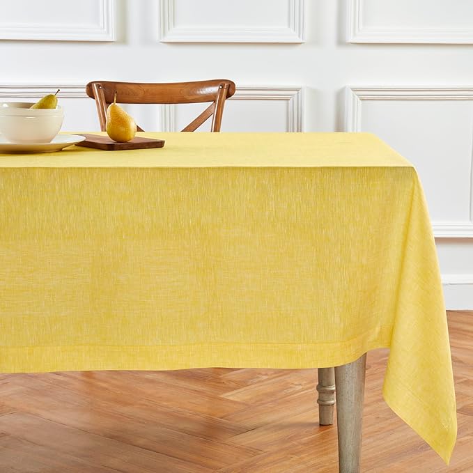Solino Home Linen Tablecloth 60 x 120 Inch - 100% Pure Linen Chambray Lemon Yellow Table Cloth for Rectangular Tables - Athena, Machine Washable Cloth Tablecloth for Summer
