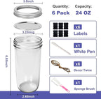Wide Mouth Mason Jars 24 oz with Lids, Glass Jars with Airtight Lids and Band, Safe for Canning, Food Storage, Pickling, Overnight Oats Container, Pint and A Half Size (Pack of 6)