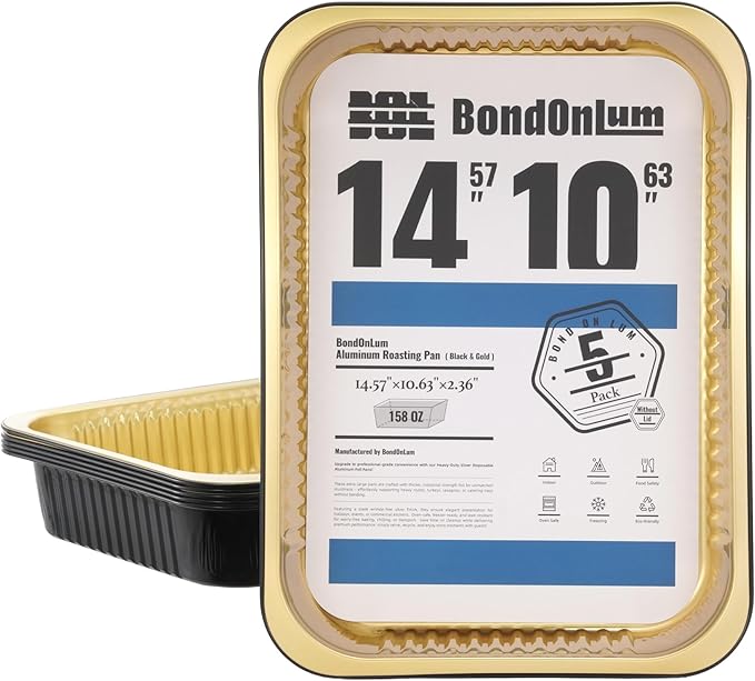 Aluminum Foil Pans, Extra Heavy Duty Disposable Aluminum Baking Pans, 14.57"×10.63" Steam Table Pans for Cooking, Heating, Storing, Prepping Roasting and Chafing (5 Pack Black and Gold)