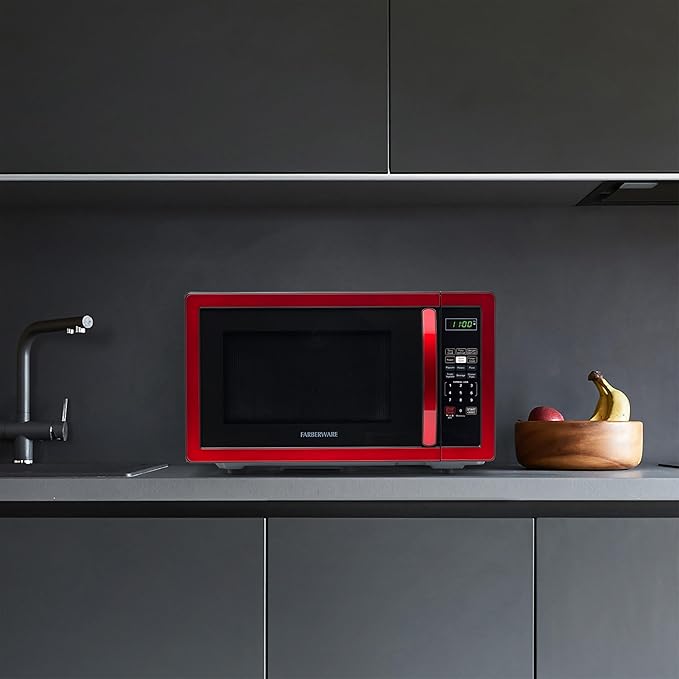 Farberware Countertop Microwave 1000 Watts, 1.1 cu ft - Microwave Oven With LED Lighting and Child Lock - Perfect for Apartments and Dorms - Easy Clean Metallic Red