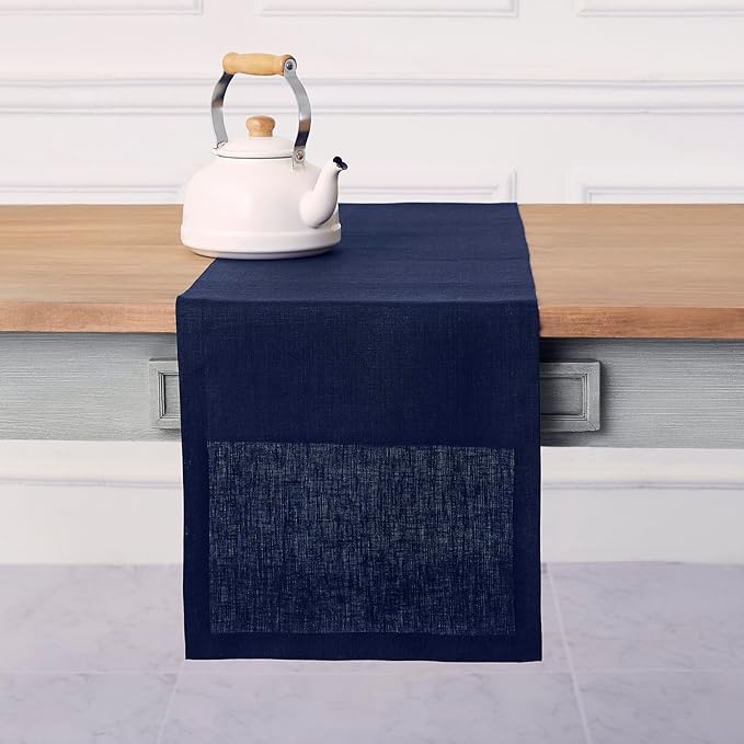 Solino Home Linen Navy Table Runner 36 Inches - 100% Pure Linen Small Table Runner 14 x 36 Inch Ideal for Dresser and Coffee Tables - Summer, Fall, Autumn - Fete