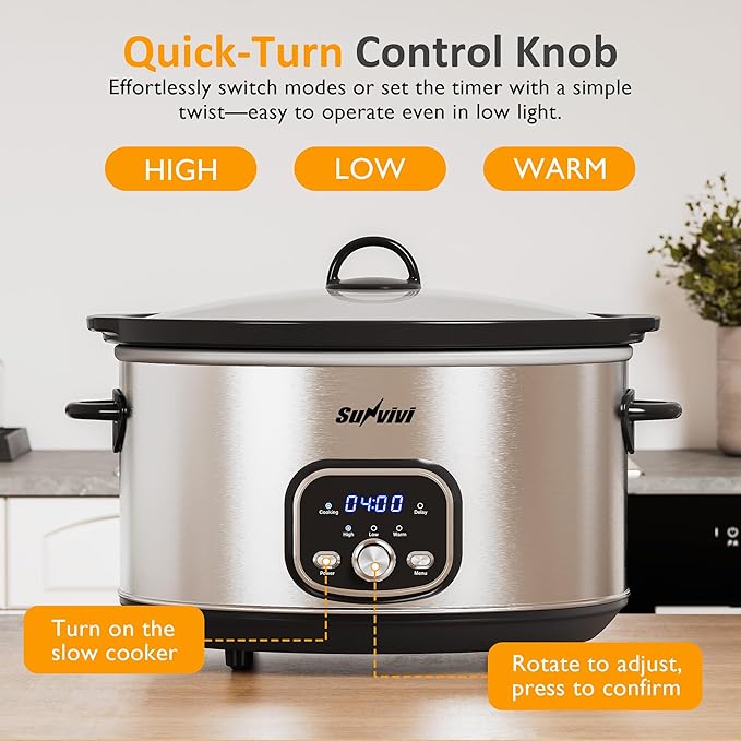 Sunvivi Slow Stew Pot - Electronic - Stainless Steel Color -8.5 QT: Multi-Cooker Food Warmer with Delay Function, Adjustable Tempature Control, Dishwasher Safe, Perfect for Families, Sliver