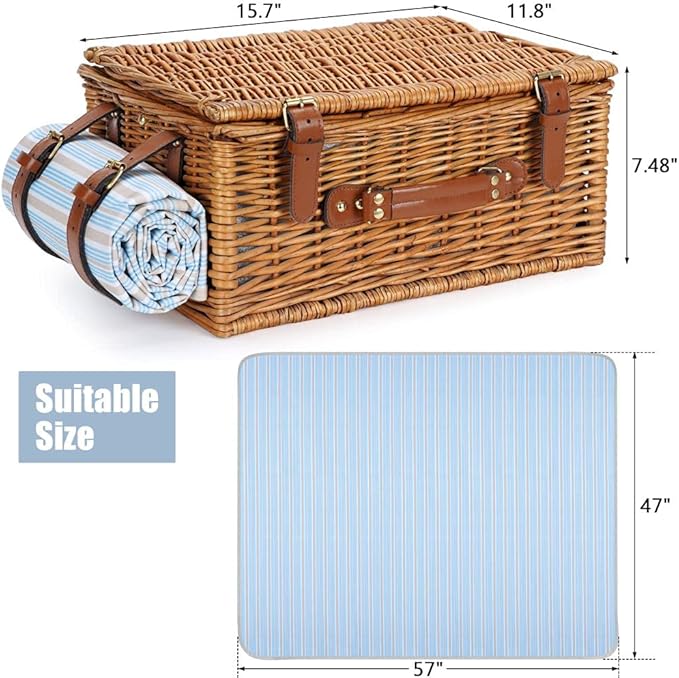 Picnic Basket Set for 2 Persons, Willow Hamper with Large Insulated Cooler Compartment, Waterproof Blanket and Cutlery Service Kit-Classical Brown