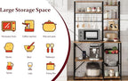 Bakers Rack with Power Outlet, 7-Tier Microwave Stand with Wire Basket, Coffee Bar with 4 s-Shaped Hooks, Kitchen Open Storage Shelf Rack for Spices, Pots, Brown