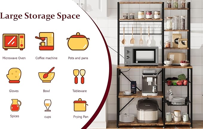 Bakers Rack with Power Outlet, 7-Tier Microwave Stand with Wire Basket, Coffee Bar with 4 s-Shaped Hooks, Kitchen Open Storage Shelf Rack for Spices, Pots, Brown