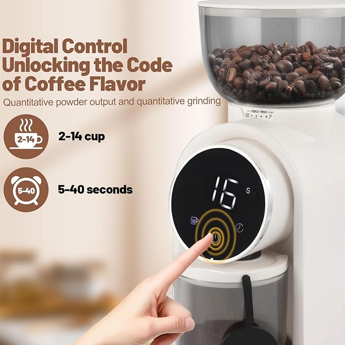 Electric Coffee Grinder Touchscreen 2-14 Cup Conical Burr Coffee Grinder with 25 Grinding Settings Cleaning Brush Grindable Espresso Drip Coffee French Press for Home Use 110V White