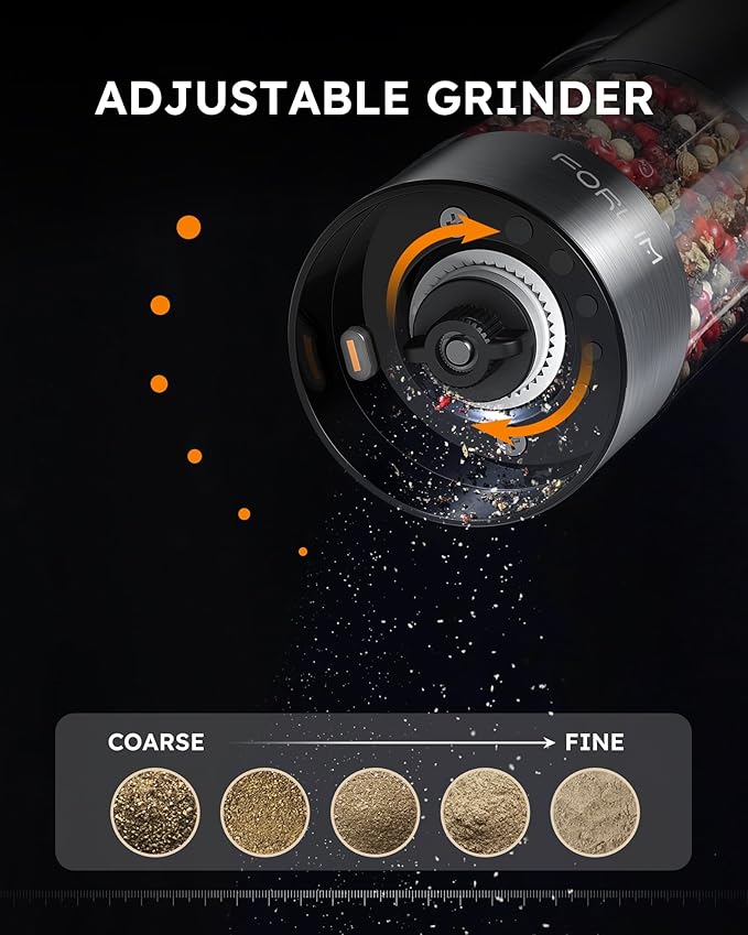 FORLIM Electric Salt and Pepper Grinder Set, USB Rechargeable, Automatic Salt Pepper Mill Grinder with Dust Cover, One-Button Control, Adjustable Coarseness, Warm LED Light (2 Packs, Stainless Steel)