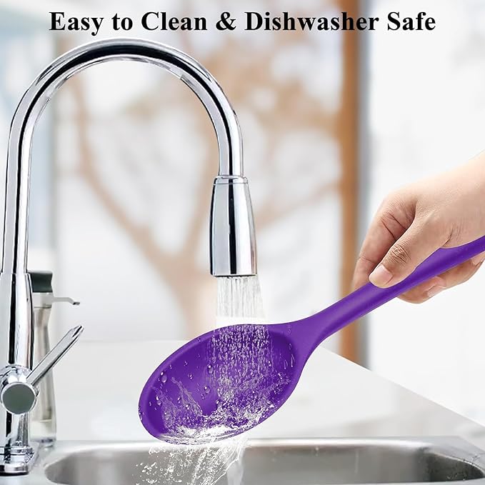 Silicone Spoon for Cooking, BPA Free Silicone Slotted Solid Spoons Set Heat Resistant, Dishwasher Safe Nonstick Silicone Kitchen Serving Spoon Set for Mixing Basting Stirring, Purple