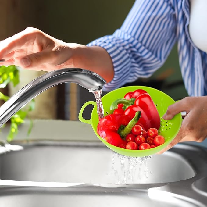 Meadow Lane 6-inch Small Colander, BPA-Free, Dishwasher Safe, Double Handles, Compact Food Strainer for Berries, Veggies and Pasta, 3-Cup Capacity, Meadow Green