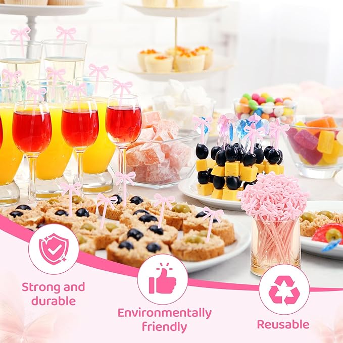 100Pcs Pink Toothpicks Plastic Bow Cocktail Picks Long Fruit Skewers Christmas Bow Drink Stirrers Cupcake Toppers Fancy Toothpick for Appetizers Drinks Wedding Coquette Birthday Bow Party Decorations