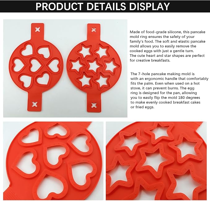 7-Cavity Pancake Maker Mold,Nonstick Silicone Egg Mold Ring with Handle for Star Heart Shape Pancake, Fried Egg, Burger - Reusable Breakfast Cooking Baking Tools for Kids（Red）