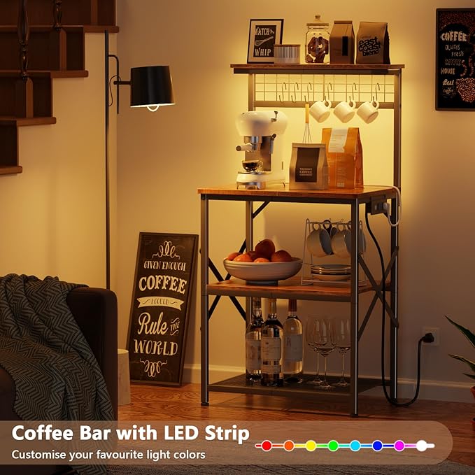 Furologee Bakers Rack with Power Outlet and LED Light, Small Microwave Stand with 4 Tier Shelves, Coffee Bar Station Table with 6 S Hooks, Kitchen Storage Rack for Spices, Pots, Rustic Brown
