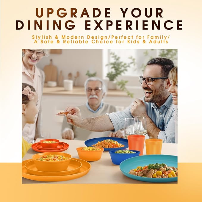 Plastic Dinnerware Sets – 40-Piece Colorful Plates and Bowls Set for 8, Reusable Unbreakable Fiesta Style Party Dishes with Cups, Knives, Forks and Spoons, for Outdoor, Picnic or Everyday Use