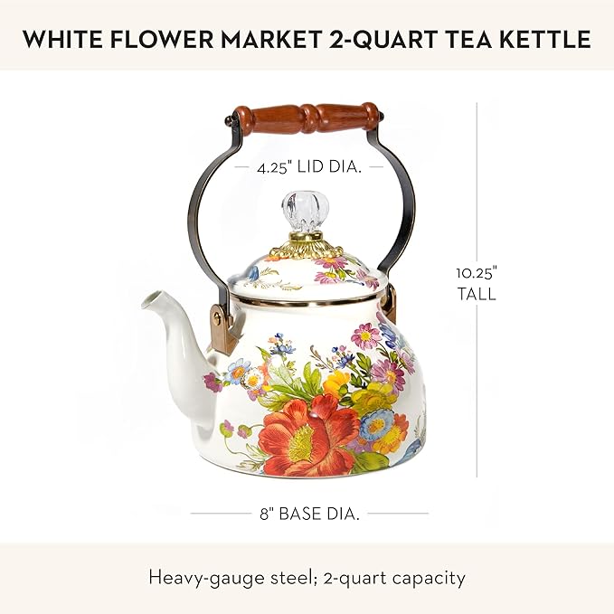 MACKENZIE-CHILDS Enamel Tea Kettle, Stylish Tea Kettle for Stovetop, White Flower Market, 2 Quarts