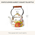 MACKENZIE-CHILDS Enamel Tea Kettle, Stylish Tea Kettle for Stovetop, White Flower Market, 2 Quarts