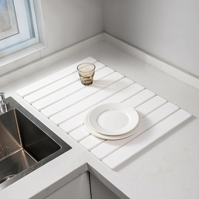 Large Stone Drying Mat for Kitchen Counter, 24''L x 16''W Diatomaceous Earth Collapsible Dish Drying Mat, Quick Drying Mat for Dishes, Bottles and Cups, Matches Any Countertop (White)