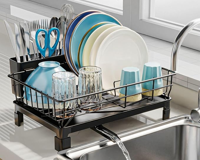 GSlife Small Dish Drying Rack - Dish Racks for RV Small Kitchen Counter, Space-Saving Dish Drainer with Drainboard, Utensil Holder, Dish Holder for Sink, 15" D x 10" L, Black