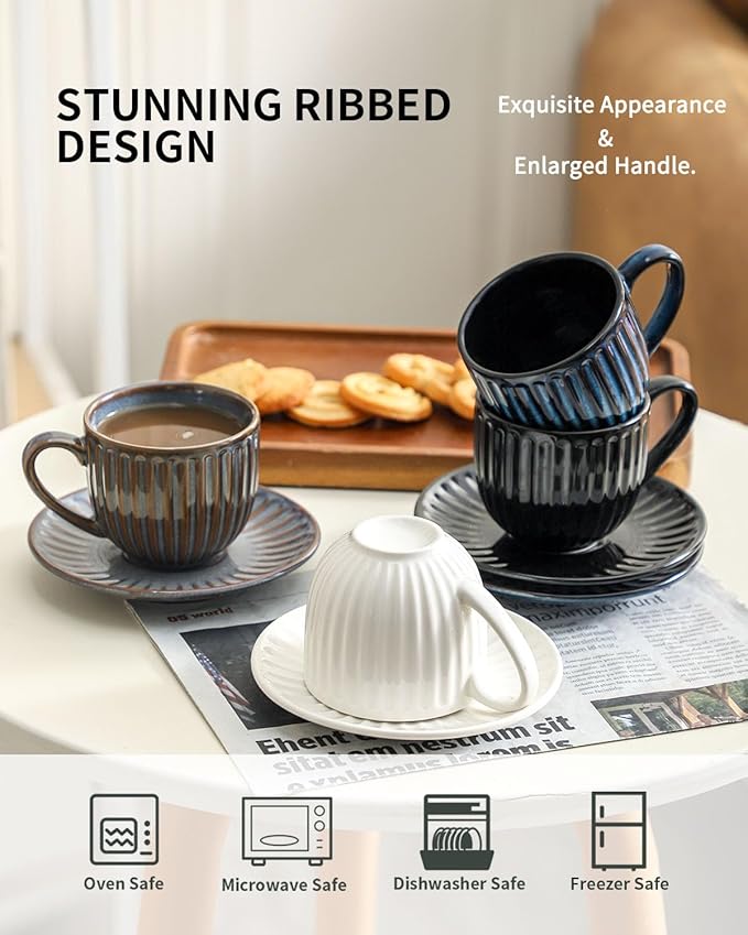 Hasense 6 Oz Cappuccino Cups with Saucers Ceramic, Ribbed Espresso Cups Set of 4 for Coffee,Tea,Latte and Macchiato, Aesthetic Gift for Anniversary or Holiday, Mix-Color