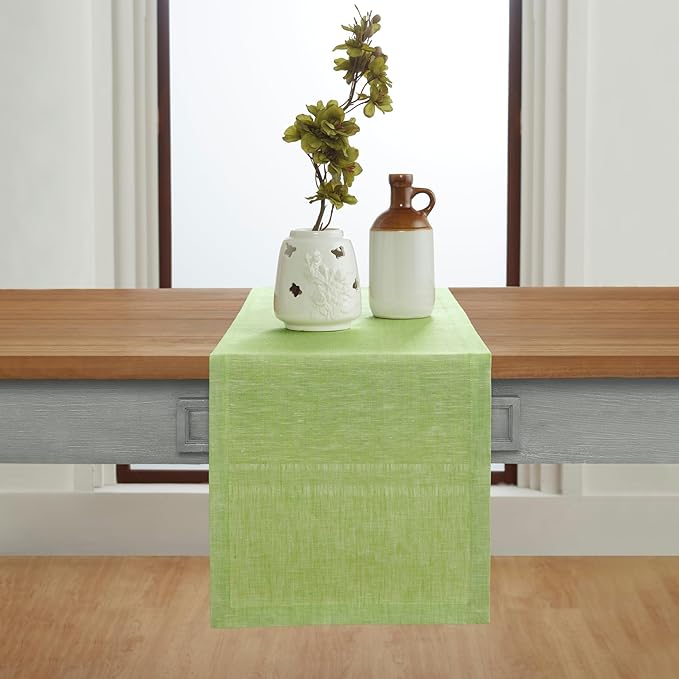 Solino Home Linen Short Table Runner 60 Inches - Athena, 100% Pure Linen Chambray Lime Green Table Runner 14 x 60 Inch Ideal for Dresser and Coffee Tables - Summer