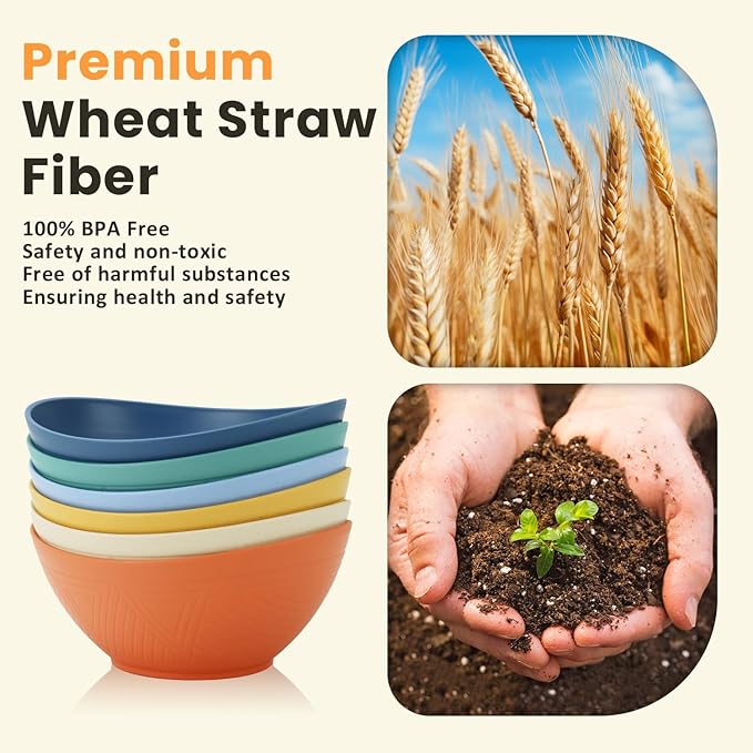 Homienly 60oz Wheat Straw Bowls Set of 6 Salad bowls Large Capacity Popcorn Bowl Unbreakable Serving Bowls Microwave & Dishwasher Safe Bowl Set Alternative for Plastic Bowls for Kitchen - Multi-colors